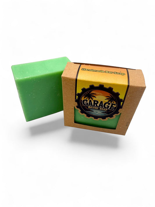 Garage Brand Soap Fresh Cut Grass handmade bar soap with a green rectangular bar and rustic kraft paper packaging.