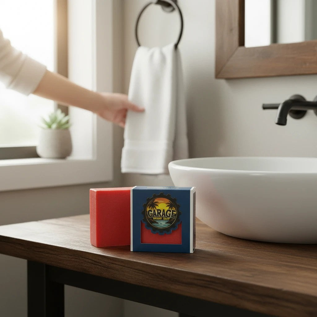 Garage Brand Soap Papaya Passion handmade bar soap in red, displayed in its branded box on a wooden bathroom counter.
