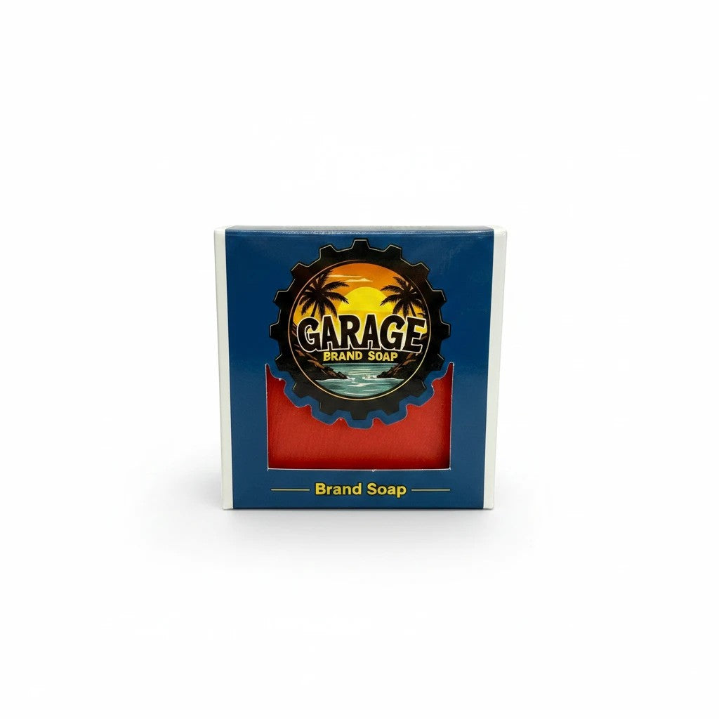 Garage Brand Soap Papaya Passion handmade bar soap in a blue box with a tropical sunset logo