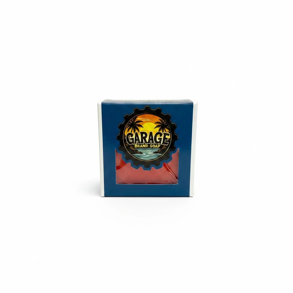 Garage Brand Soap Papaya Passion handmade bar soap in blue plastic-free packaging with a tropical logo