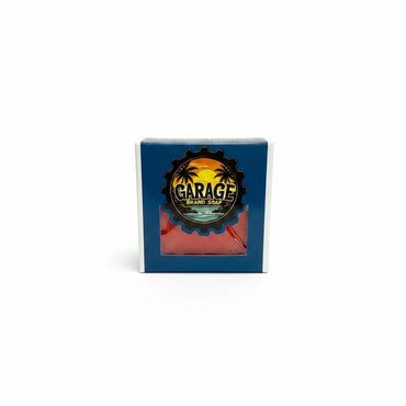 Garage Brand Soap Papaya Passion handmade bar soap in blue plastic-free packaging with a tropical logo