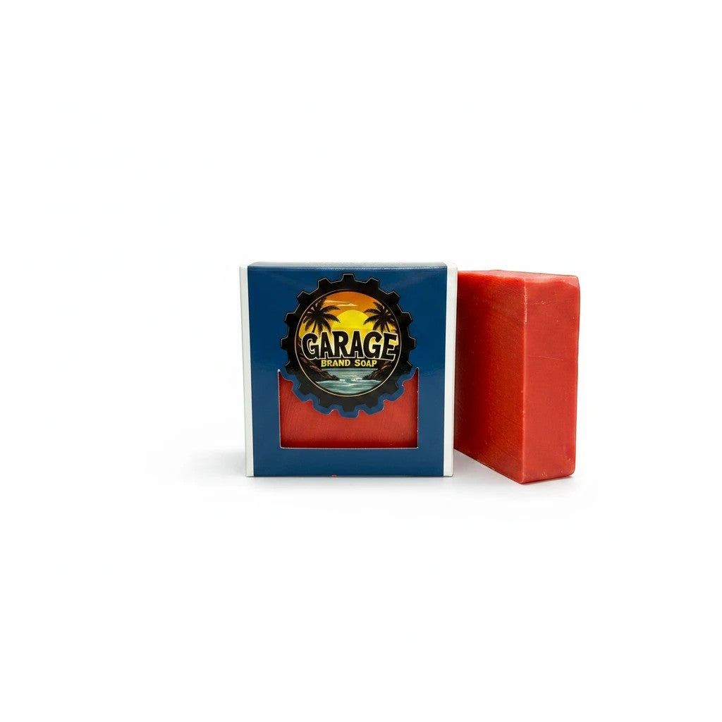 Garage Brand Soap Papaya Passion handmade bar soap in red with branded tropical packaging on a white background