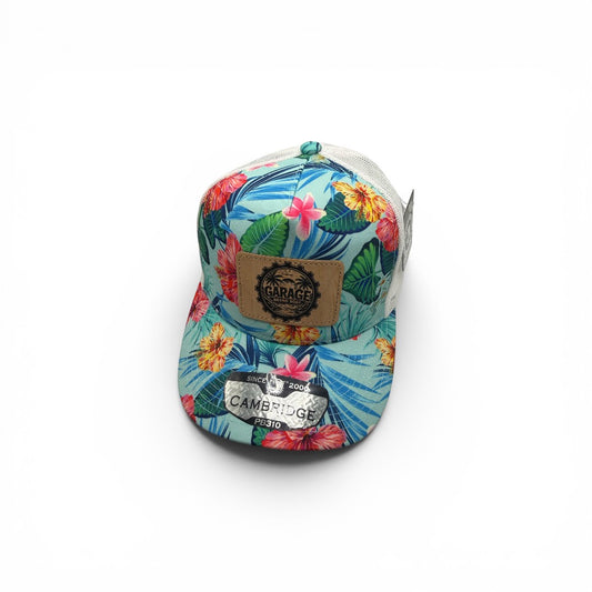 Garage Brand Soap tropical floral print trucker hat with a leather logo patch and white mesh back