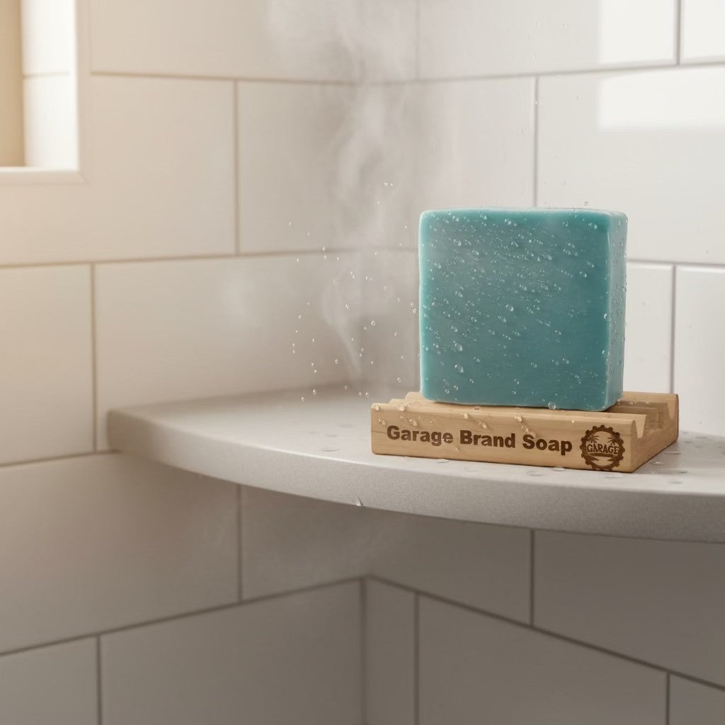 Garage Brand Soap wooden soap dish with laser engraving holding a blue bar of soap in a tiled shower